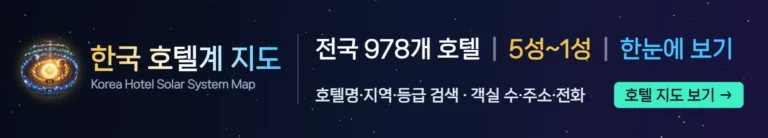 한국 호텔계 지도 — 전국 978개 등급 호텔(5성~1성)을 태양계처럼 한눈에. 호텔명·지역·등급 검색